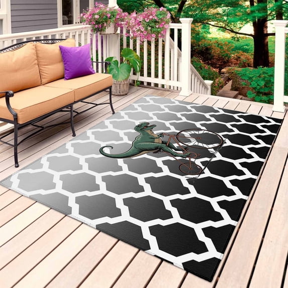 Morocco Black Outdoor Rug for Patio/Deck/Porch, Non-Slip Large Area Rug 5 x 7 Ft, Ombre Grey White Plaid Lattice Geometric Indoor Outdoor Rugs Washable Area Rugs, Reversible Camping Rug Carpet Runner