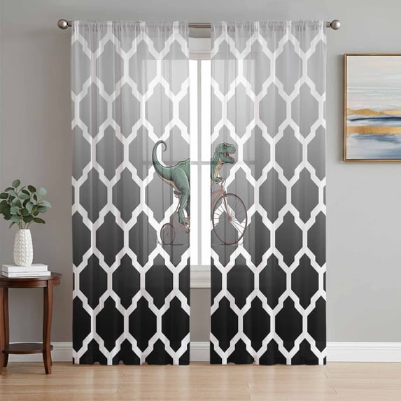 Morocco Black Sheer Curtains 96 Inch Length 2 Panels Set, Ombre Grey White Plaid Lattice Geometric Voile Window Treatment Semi Sheer Long Curtains Drapes for Bedroom/Living Room/Kitchen 52"x96"x2