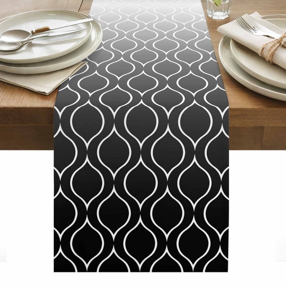 Morocco Black Table Runner - 60 Inch Long, Kitchen Dining Table Runner Dresser Scarves, Classic Geometric Abstract Gradient Farmhouse Decor for Coffee Tables Wedding Party Banquet