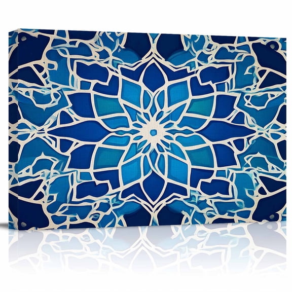 Morocco Blue Floral Pattern Canvas Print Wall Art Vintage Tribal Ethnic Blue Flower Pictures Painting Morden Artwork for Living Room Bedroom, Ready to Hang - 12"x16"