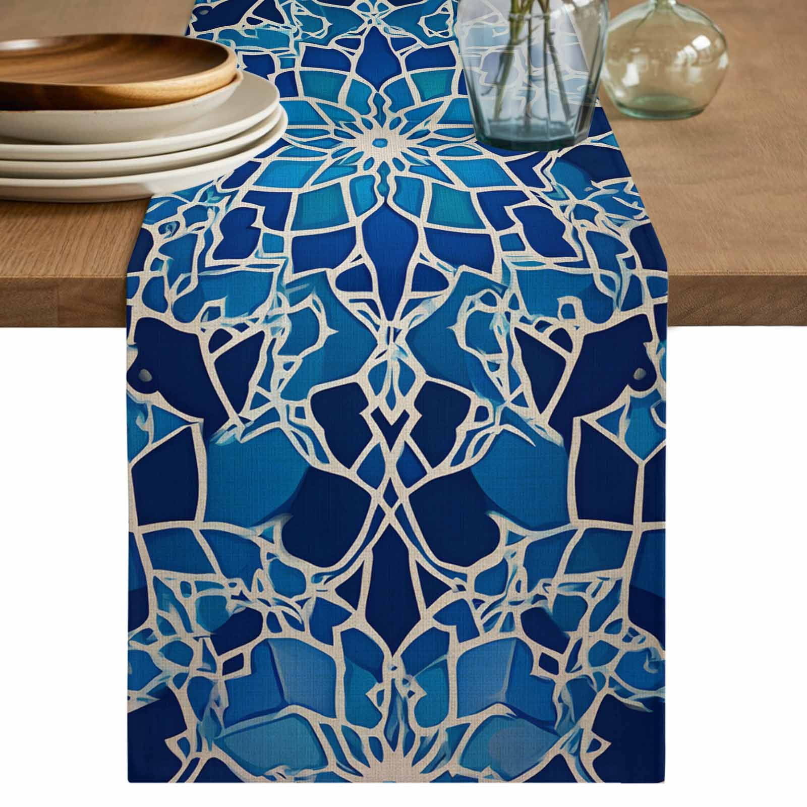 Morocco Blue Floral Pattern Table Runner, Vintage Tribal Ethnic Blue ...