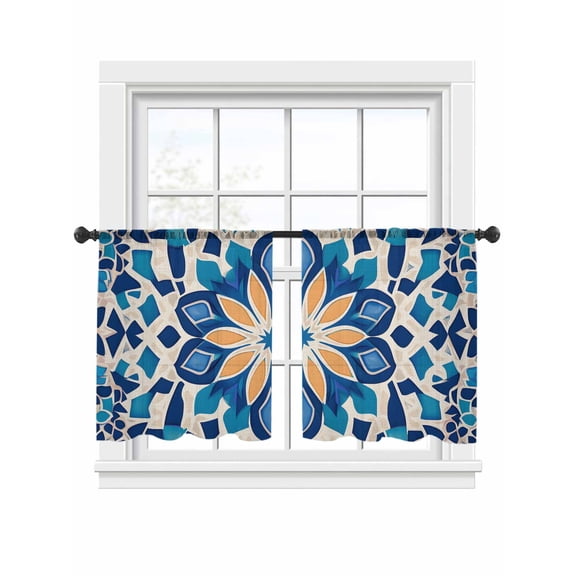 Morocco Blue Flower Pattern Sheer Curtains 2 Panels Set Vintage Tribal Ethnic Orange Blue Floral Sheer Window Curtains Light Filtering Rod Pocket Voile Drapes for Bedroom Living Room 52"x45"