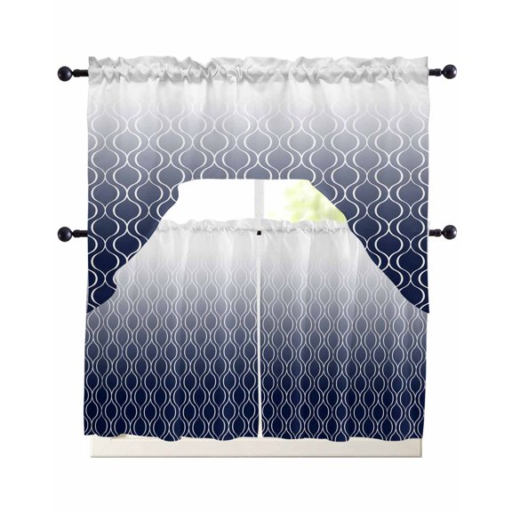 Morocco Blue Kitchen Curtains Sets 24 Inch Length with Valance, Gradient Geometric Plaid Modern Lattice Swag Valances and Tiers Curtain Set Drapes Swag Curtains for Living Room, Bathroom, Bedroom