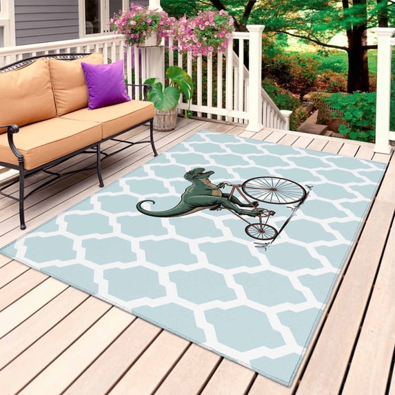 Morocco Blue Outdoor Rug for Patio/Deck/Porch, Non-Slip Large Area Rug 5 x 7 Ft, Cute Dinosaur Bike Vintage Indoor Outdoor Rugs Washable Area Rugs, Reversible Camping Rug Carpet Runner