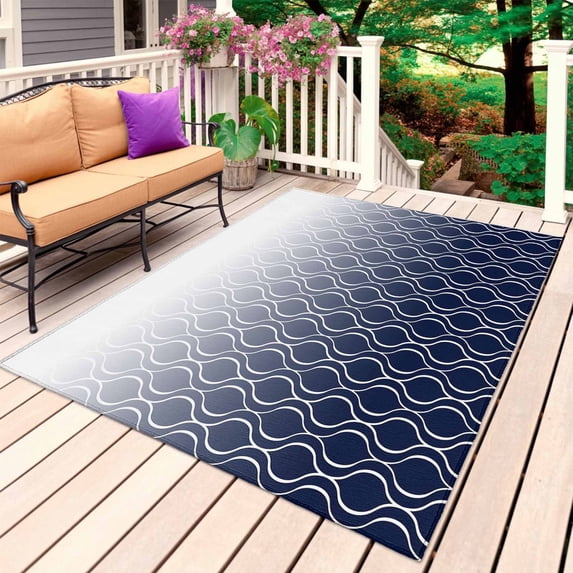 Morocco Blue Outdoor Rug for Patio/Deck/Porch, Non-Slip Large Area Rug 5 x 7 Ft, Gradient Geometric Plaid Modern Lattice Indoor Outdoor Rugs Washable Area Rugs, Reversible Camping Rug Carpet Runner