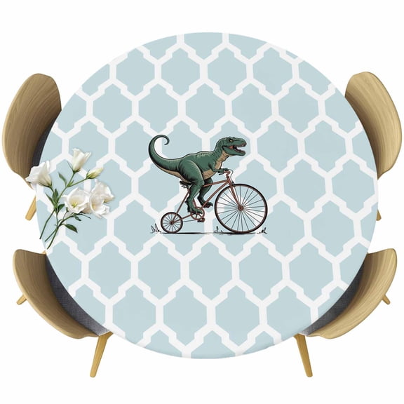 Morocco Blue Round Tablecloth, Fitted Table Cover with Elastic for 36"-44" Round Tables, Cute Dinosaur Bike Vintage Table Cloth Outdoor Indoor Dinning Party Waterproof Tablecloths