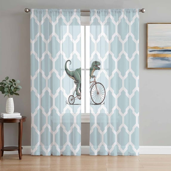 Morocco Blue Sheer Curtains 84 Inch Length 2 Panels Set, Cute Dinosaur Bike Vintage Voile Window Treatment Rod Pocket Curtains Sheers Drapes for Bedroom/Living Room/Kitchen 52"x84"x2
