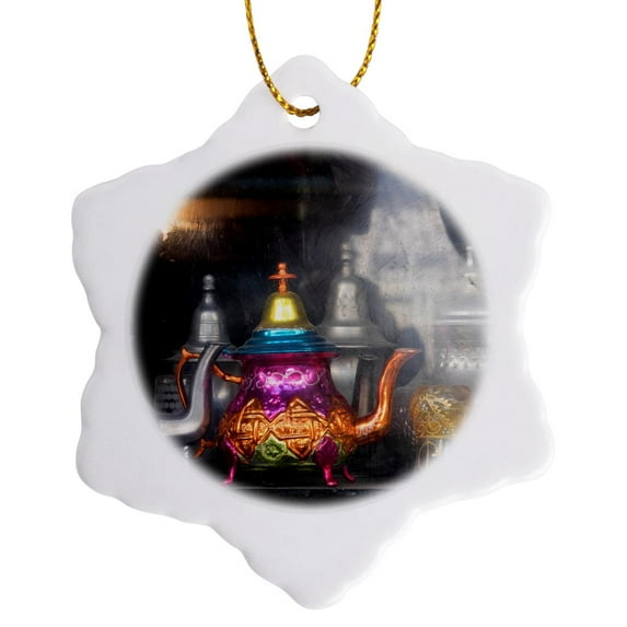 3drose, Morocco, Essaouira, Colorful Teapot., 3 inch Snowflake Porcelain Ornament