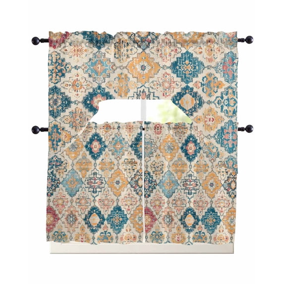 Morocco Ethnic Kitchen Curtains Swag Valance and Tier Curtains Set 36 Inch Length, Boho Country Retro Abstract Checked Rod Pocket Drape Panels Pair Swag Curtain for Bathroom/Cafe/Window