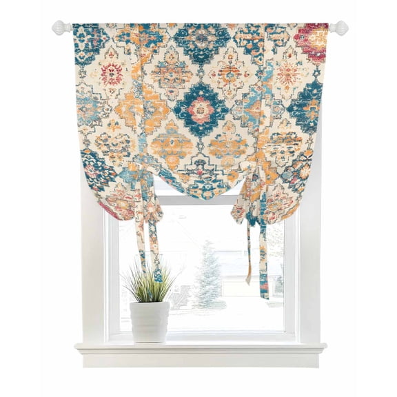 Morocco Ethnic Tie Up Curtains for Window, Thermal Insulated Balloon Shade Adjustable Rod Pocket Curtains Valance Panels for Kitchen Bathroom Cafe 46 x 63 Boho Country Retro Abstract Checked