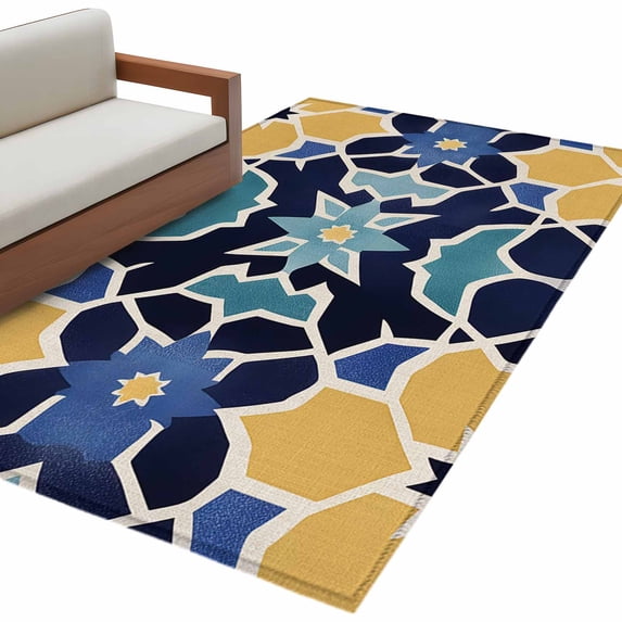 Morocco Floral Pattern Area Rug 4x6ft Vintage Tribal Ethnic Blue Yellow Green Flower Non-Slip Washable Square Rugs Soft Felt Indoor Floor Mat for Bedroom Kitchen Living Room Bathroom