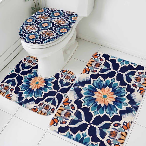 Morocco Floral Pattern Bathroom Rugs Set Vintage Tribal Ethnic Blue Red Orange Flower Non Slip Absorbent Soft Bath Mats 3 Piece Set with Bathroom Rug, U-Shaped Floor Mat, Toilet Seat Cover Large Size