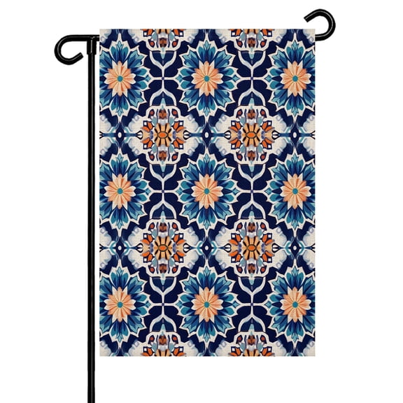 Morocco Floral Pattern Garden Flag 12x18 Inch Vintage Tribal Ethnic Blue Red Orange Flower Double Sided Small Decorative Garden Flags for Outside, Outdoor Yard Porch Lawn Decoration