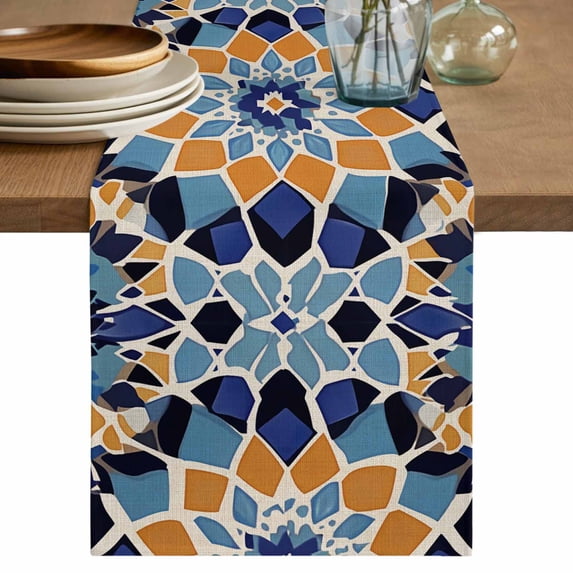 Morocco Floral Pattern Table Runner, Vintage Tribal Ethnic Orange Blue Flower Cotton Linen Kitchen Table Decoration Washable Dining Tabletop Runners for Home Party Decor 13x60 Inches