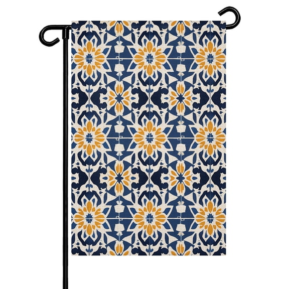 Morocco Flower Pattern Garden Flag 12x18 Inch Vintage Tribal Ethnic Orange Blue Floral Linen Double Sided Small Decorative Garden Flags for Outside, Outdoor Yard Porch Lawn Decoration