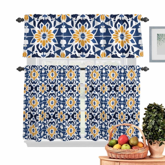 Morocco Flower Pattern Kitchen Curtains Valances 3 Piece Set, Vintage Tribal Ethnic Orange Blue Floral Rod Pocket Tier Curtain and Valance Drapes for Small Window 24 Inch Length for Bedroom Cafe