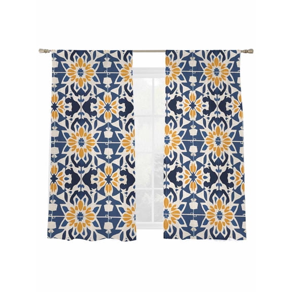 Morocco Flower Pattern Sheer Curtains 2 Panels Set Vintage Tribal Ethnic Orange Blue Floral Linen Sheer Window Curtains Light Filtering Rod Pocket Voile Drapes for Bedroom Living Room 52"X72"
