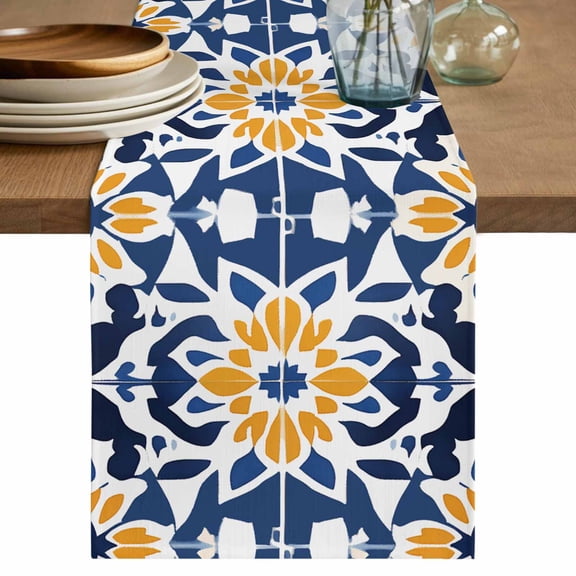 Morocco Flower Pattern Table Runner, Vintage Tribal Ethnic Orange Blue Floral Cotton Linen Kitchen Table Decoration Washable Dining Tabletop Runners for Home Party Decor 13x36 Inches