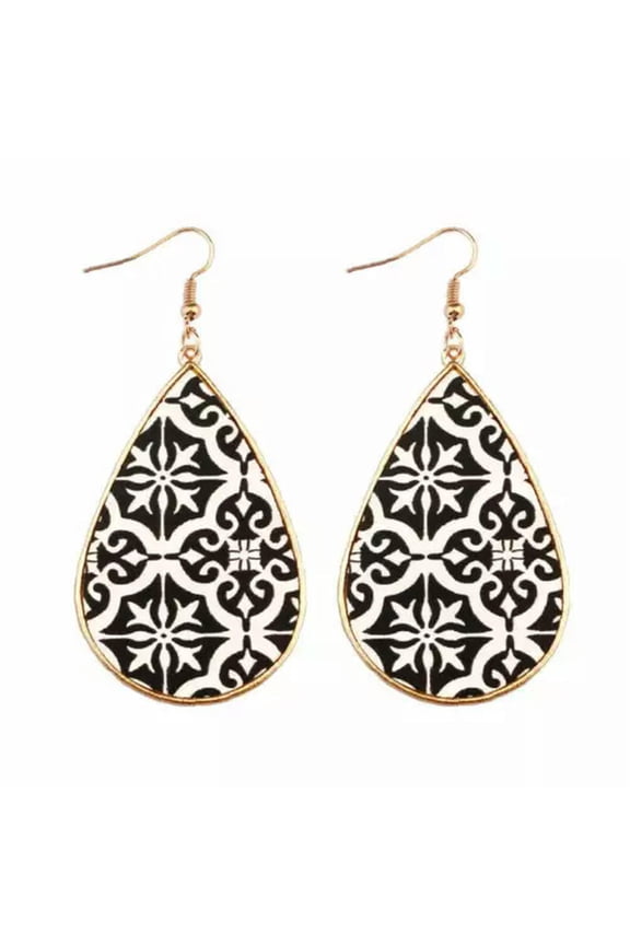 Morocco Gold Border Teardrop Earrings Ethnic Paisley Pattern Pu Leather Jewelry