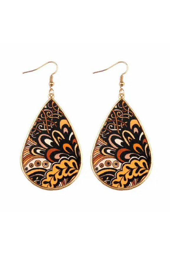 Morocco Gold Border Teardrop Earrings Ethnic Paisley Pattern Pu Leather Jewelry