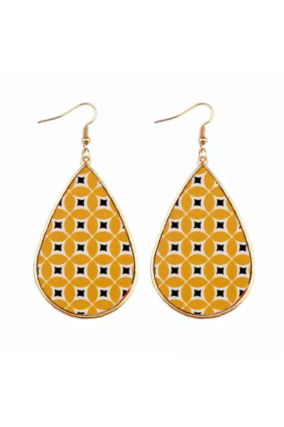Morocco Gold Border Teardrop Earrings Ethnic Paisley Pattern Pu Leather Jewelry