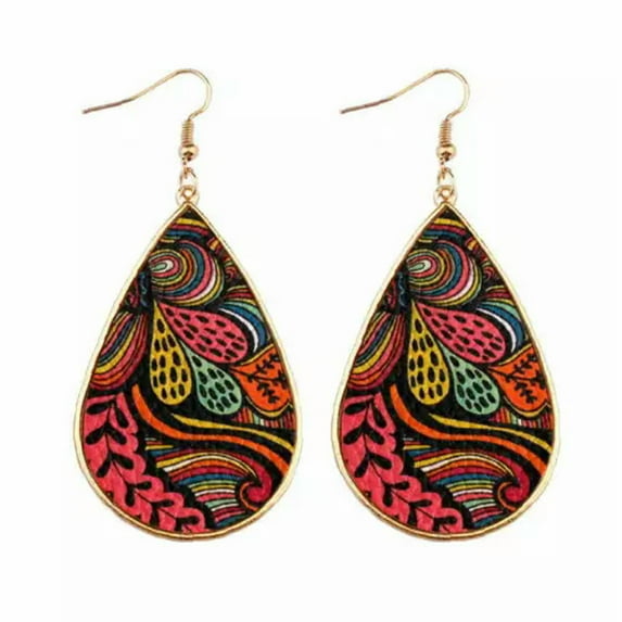 Morocco Gold Border Teardrop Earrings Ethnic Paisley Pattern Pu Leather Jewelry