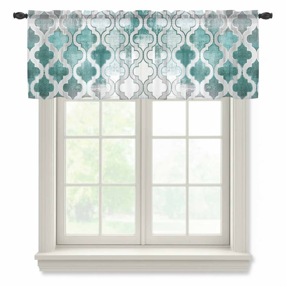 Morocco Green Paint Semi Sheer Valance Curtains Abstract Mottled Texture Art Voile Valances Curtain Rod Pocket Small Window Treatment for Kitchen Bathroom Cafe 42"x18"