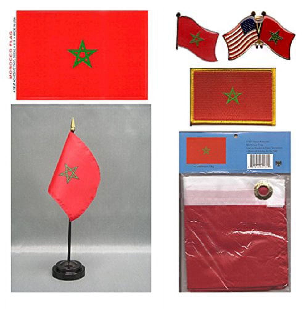 Morocco Heritage Flag Pack - Includes a Moroccan 3x5' Flag, Vinyl Flag  Decal, One Single & One Double Friendship Flag Lapel Pin, Miniature Desk  Flag