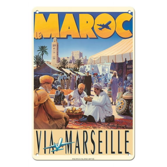 Morocco (Le Maroc) Via Marseille France - Vintage Airline Travel Poster by C. Trouche c.1970s - 8 x 12 inch Vintage Metal Tin Sign