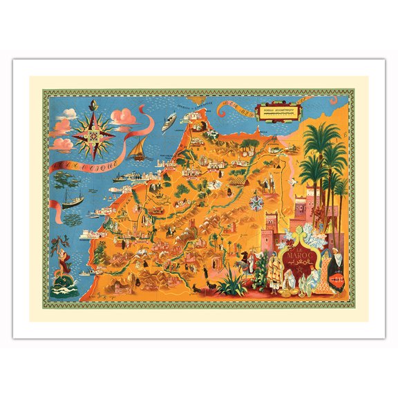 Morocco (Le Maroc) - Vintage Pictorial Map by Lucien Boucher c.1948 - Fine Art Matte Paper Print (Unframed) 24x32in