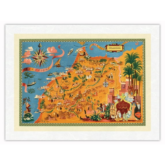 Morocco (Le Maroc) - Vintage Pictorial Map by Lucien Boucher c.1948 - Japanese Unryu Rice Paper Art Print (Unframed) 12 x 16 in