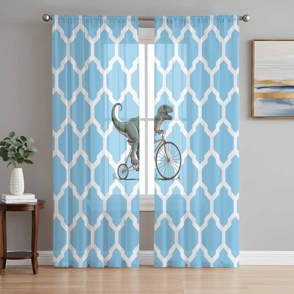Morocco Light Blue Sheer Curtains 96 Inch Length 2 Panels Set, Cute Dinosaur Bike Vintage Voile Window Treatment Semi Sheer Long Curtains Drapes for Bedroom/Living Room/Kitchen 52"x96"x2