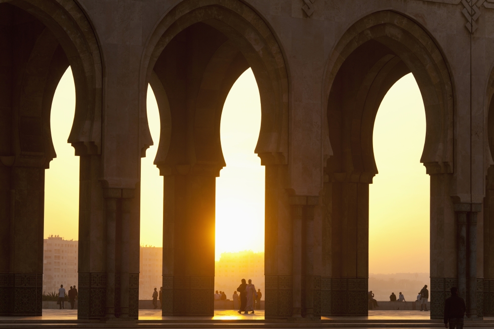 Morocco Looking through arches of Hassan II mosque at dusk Casablanca Canvas Art - Ian Cumming Design Pics (19 x 12)