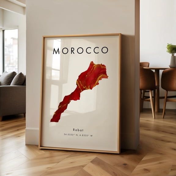 Morocco Map PRINTED Poster Red and Gold Africa Wall Art Print Home Decor Geography Map Gift Wallpaper