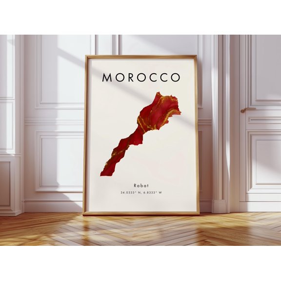 Morocco Map Poster Red and Gold Africa Wall Art Print Home Decor Geography Map Gift Wallpaper