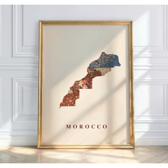 Morocco Map Withiental Floral Pattern Vintage Wall Art In Carpet Style