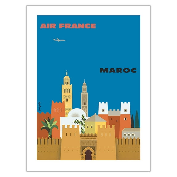 Morocco (Maroc) - France - Vintage Airline Travel Poster by Jean Fortin c.1959 - Bamboo Fine Art 290gsm Paper Print (Unframed) 18x24in
