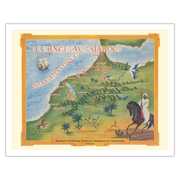 Morocco (Maroc) - National Bank for Trade and Industry BNCI - Africa (Afrique) - Vintage Pictorial Map c.1930s - Fine Art Matte Paper Print (Unframed) 11x14in