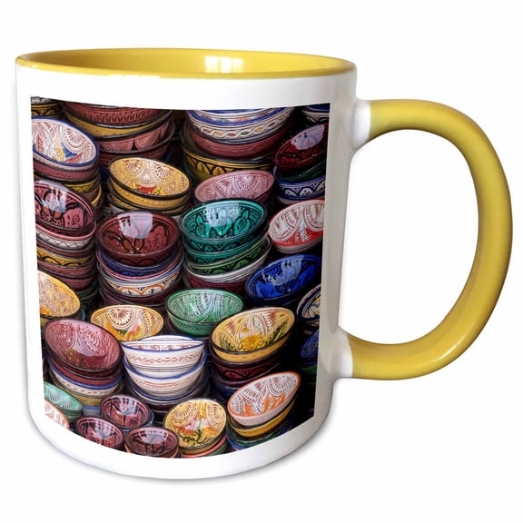 3drose, Morocco, Marrakech. Colorfully Painted Ceramic Bowls for Sale., 11oz Two-tone Yellow Mug