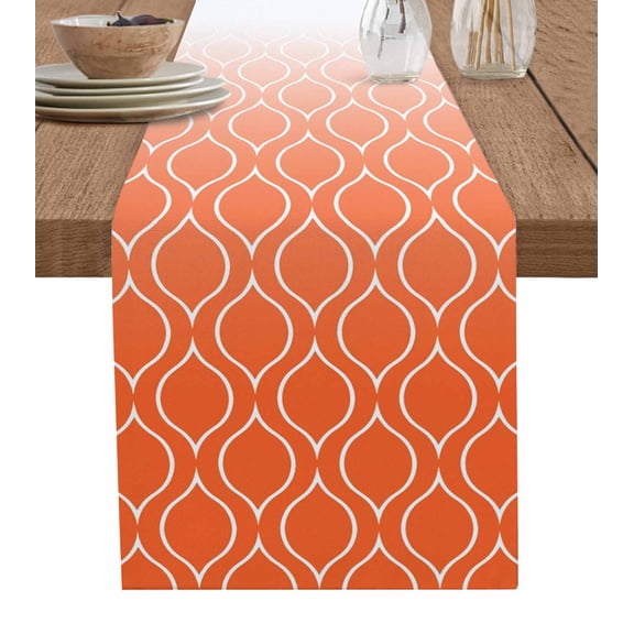 Morocco Orange Burlap Cotton Table Runner 13x70 Inches Long, Modern Geometric Gradient Simple Farmhouse Table Runners, Outdoor Dining Tablecloths Decor for Baby Shower/Party/Wedding