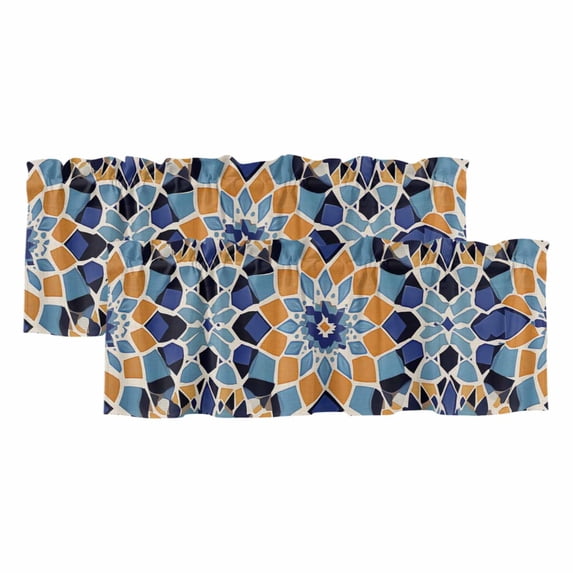 Morocco Orange Curtain Valances for Windows, Kitchen Valance Window Treatments Panel 2 Pack, Blue Boho Retro Flower Pattern Abstract Rod Pocket Short Curtains for Bathroom Bedroom 60 x 18 Inch