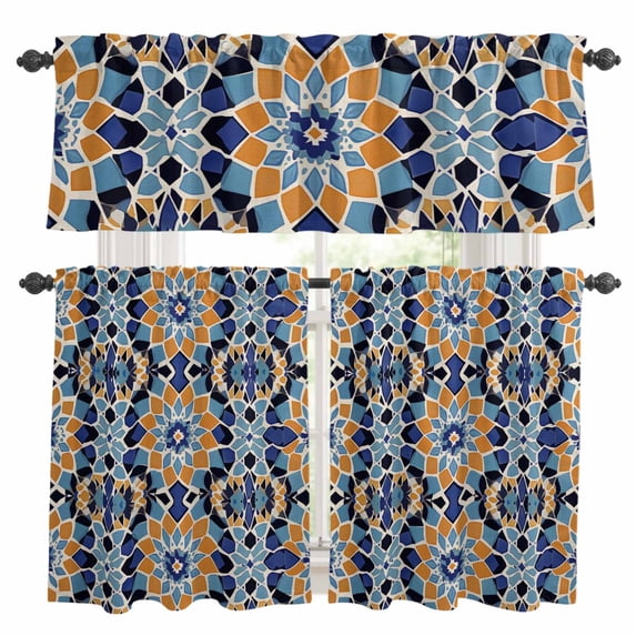 Morocco Orange Kitchen Curtains Sets for Windows 24 Inch Length, Blue Boho Retro Flower Pattern Abstract Rod Pocket Window Treatments Tier Curtains and Valances Set for Bedroom/Bathroom