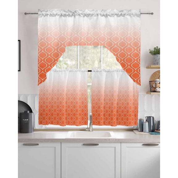 Morocco Orange Kitchen Curtains and Valance Set,Modern Geometric Gradient Simple Short Swag Tier Curtain 24 Inch Length for Cafe Living Room Bedroom Drapes 3 Piece Rod Pocket Window Treatment