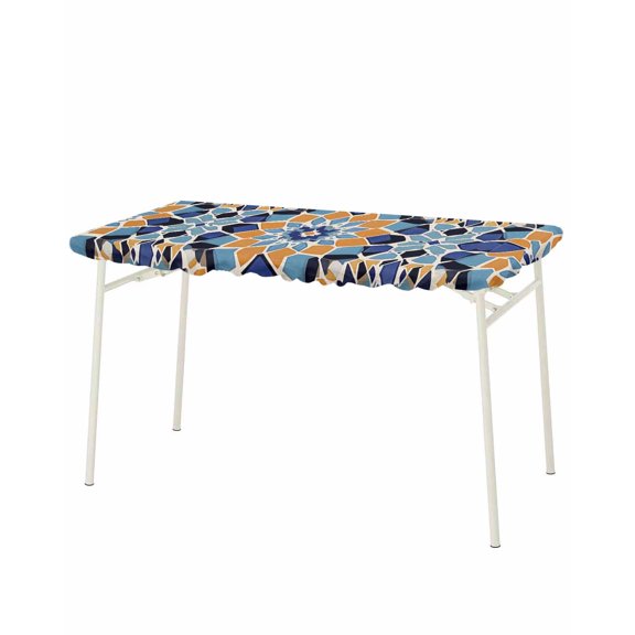 Morocco Orange Rectangle Tablecloth, Waterproof Elastic Fitted Table Covers for 8 Foot Tables, 32x96inch Decorative Tablecloths for Picnic, Camping, Outdoor, Blue Boho Retro Flower Pattern Abstract