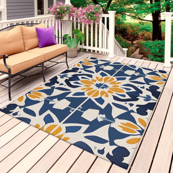 Morocco Outdoor Rug 6x9 Ft, Non Slip Washable Area Rug, Orange Blue Plaid Boho Bohemian Mexican Aztec Patio Rugs Carpet Runner, Large Floor Mat for Indoor/Outdoor Deck Porch Camping