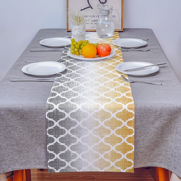 Morocco Pattern Ombre Yellow Grey Table Runner 13x72in Non-Slip Cotton Linen Table Runners, Art Dresser Scarves TableRunner for Dinner Kitchen Dining Wedding Party