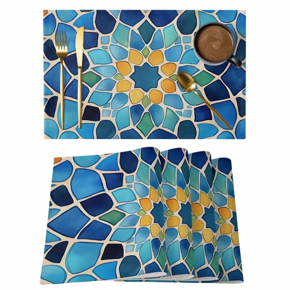 Morocco Pattern Placemats Set of 6, Vintage Tribal Ethnic Blue Yellow Green Flower Non-Slip Place Mats Washable Table Mats for Kitchen Dining Table Decorations Indoor/Outdoor