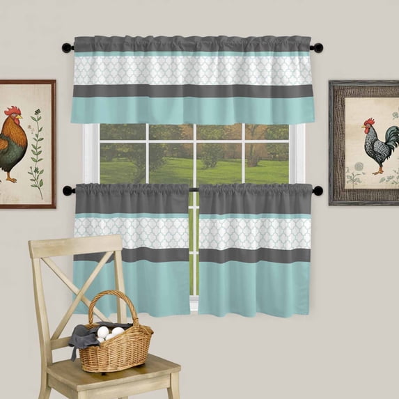 Morocco Plaid Teal Stripes Curtain Tier and Valance Set 3 Piece, Abstract Geometric Stitching 3-inch Rod Pocket Window Tier Curtains Valance for Kitchen Living Room