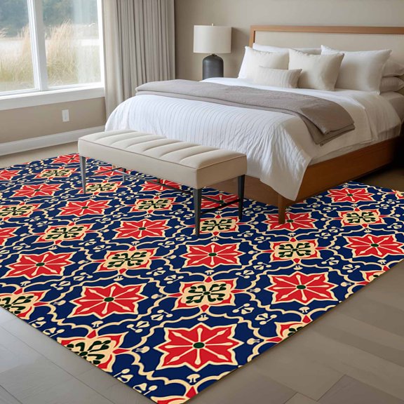 Morocco Red 6x9 Rug for Dining Room Table and Chair Setup, and Blue Geometric Floral Low Pile Washable Non Slip Rectangle Area Rug