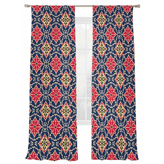 Morocco Red Sheer Curtains 2 Panels Set and Blue Geometric Floral Sheer Window Curtains Light Filtering Rod Pocket Voile Drapes for Bedroom Living Room 52"X96"